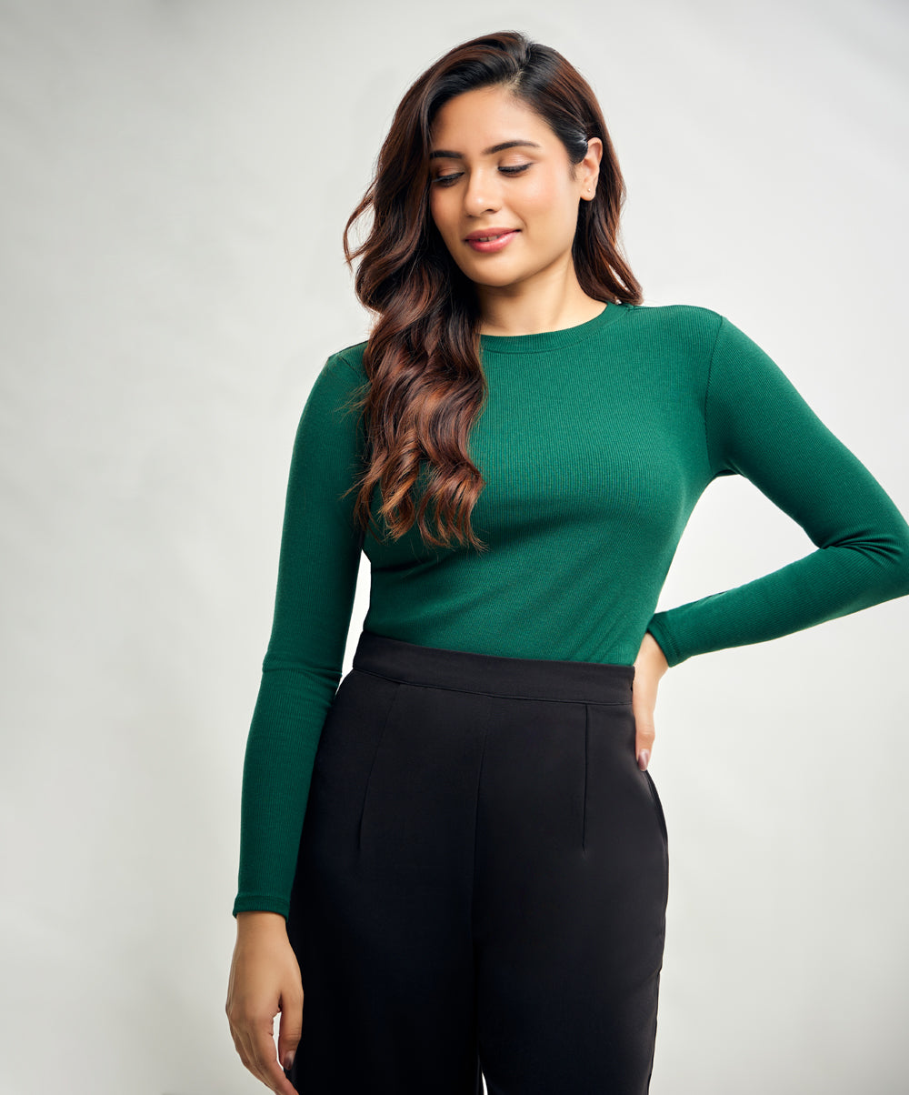 Long Sleeve Round Neck Rib Top- Dark Green