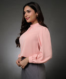 Long Sleeve Neck Pleated Chiffon Top-Peach