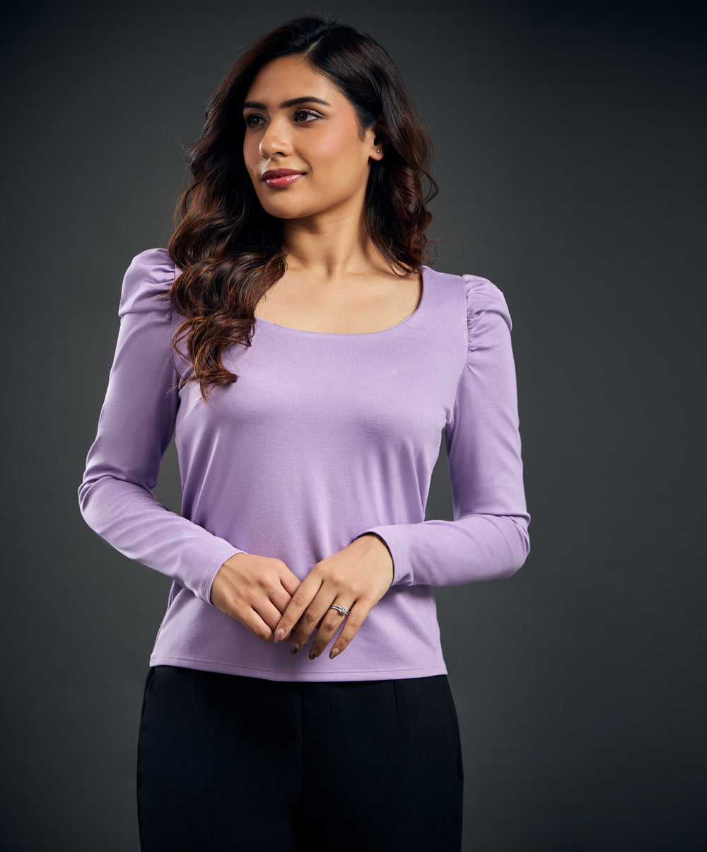 Long Puff Sleeve Purple Ponte Top