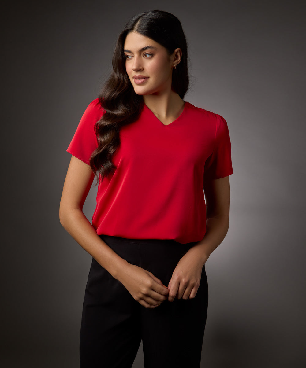 Vneck Short Sleeve Chiffon Top-Red