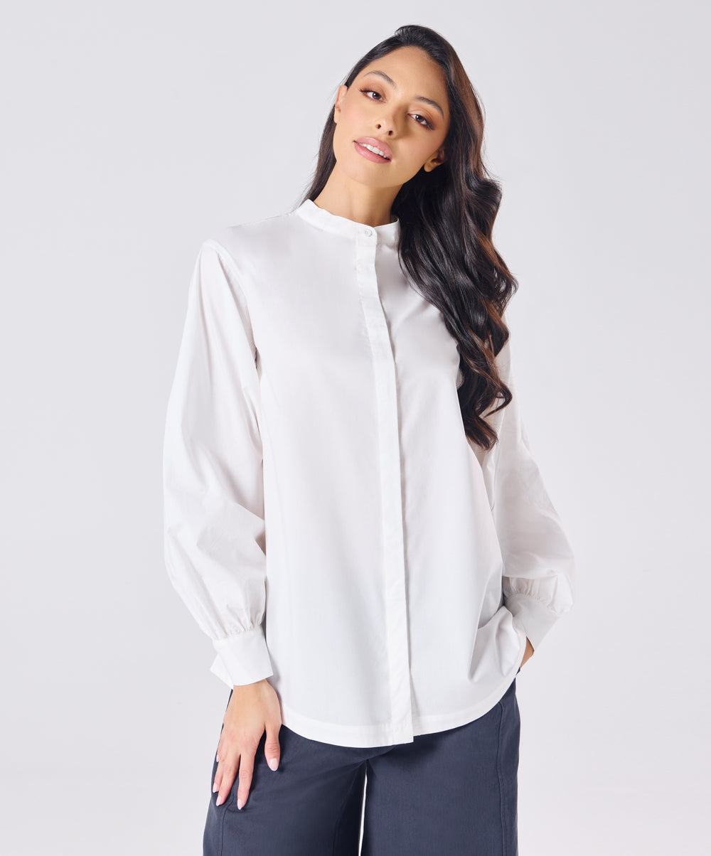 Mandarin  Collar Cotton Oversized Shirt- Offwhite