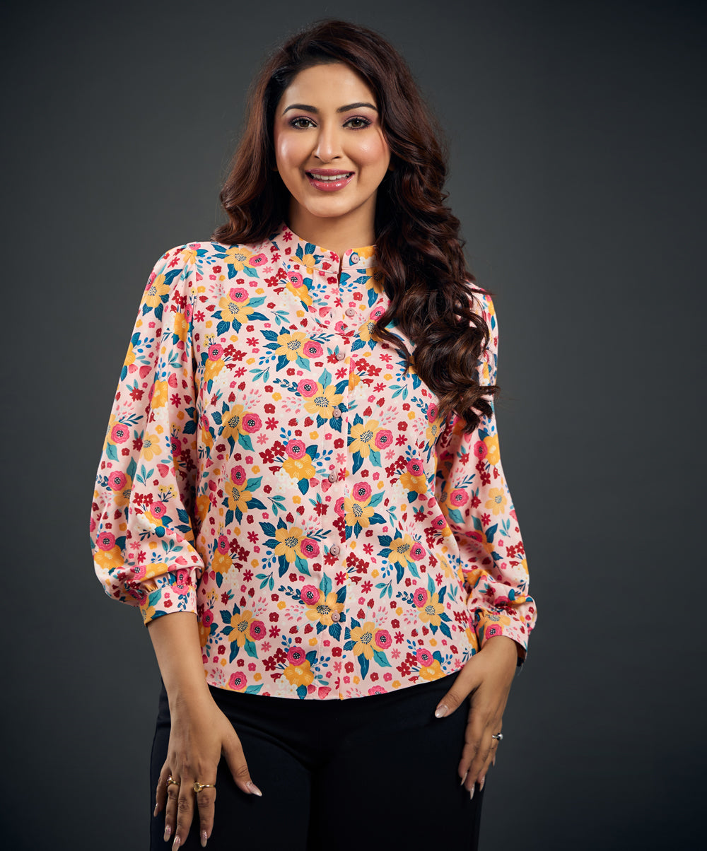 Puffed Sleeve Printed Top With Buttons