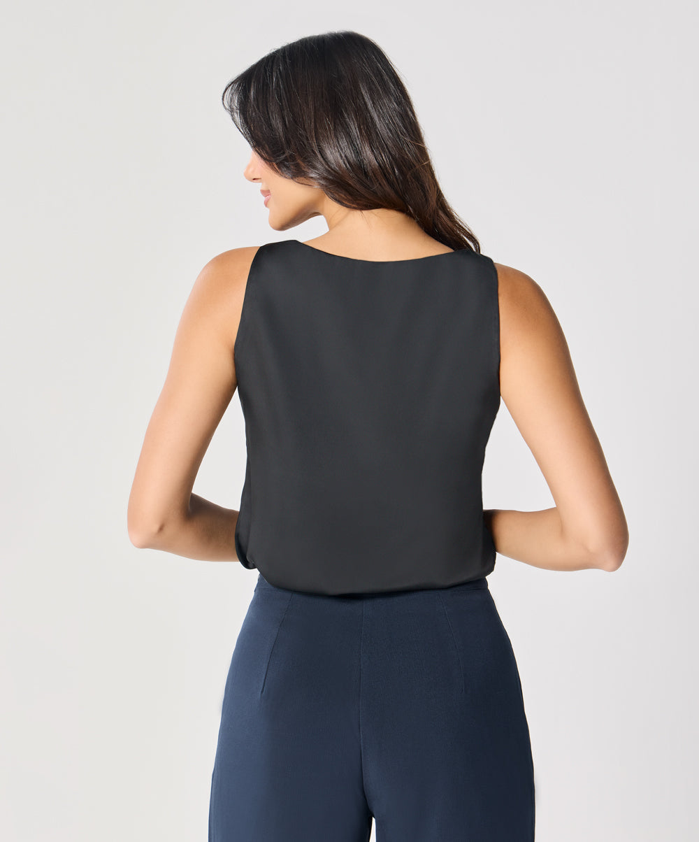 Sleeveless Vneck Satin Top-Black