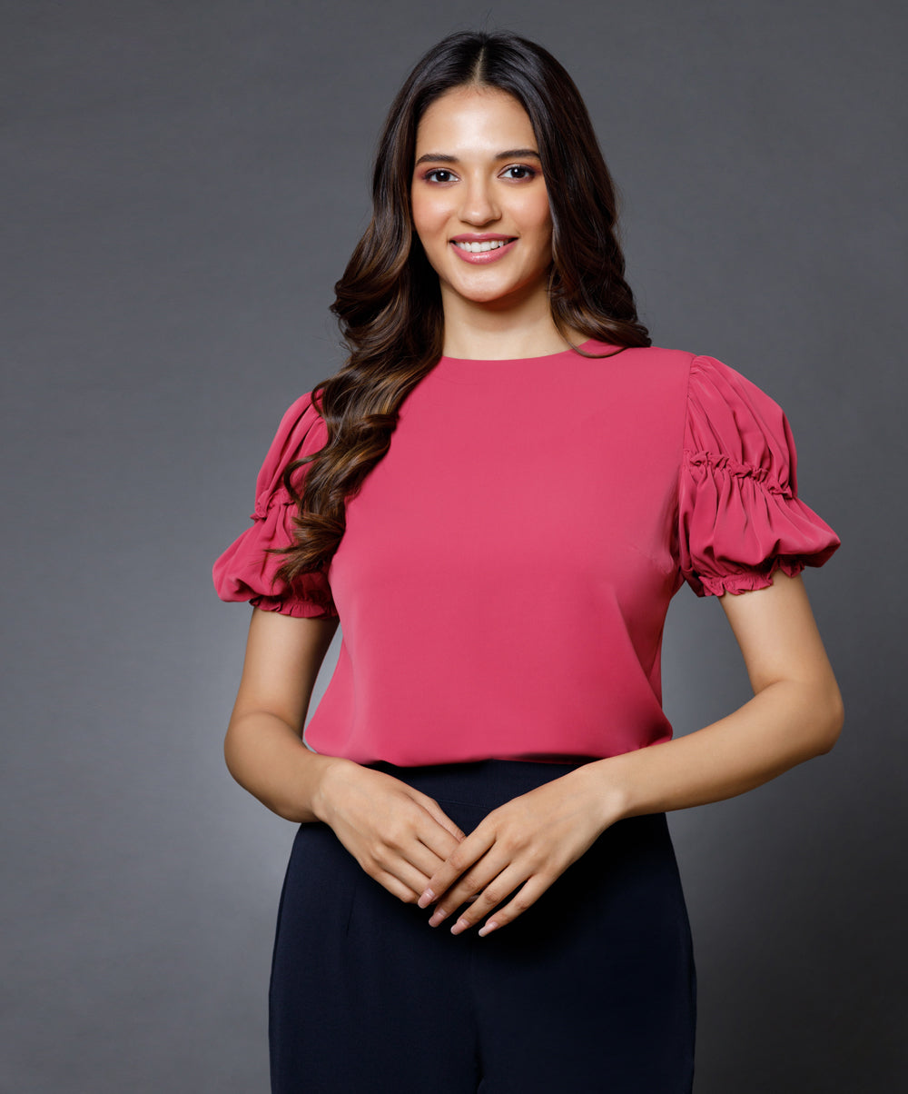 Sleeve Detailed Pink Round Neck Top