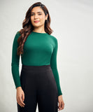 Long Sleeve Round Neck Rib Top- Dark Green