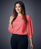 Buckle Attached Solid Chiffon Peach Top