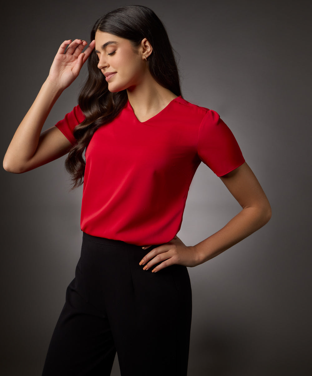 Vneck Short Sleeve Chiffon Top-Red