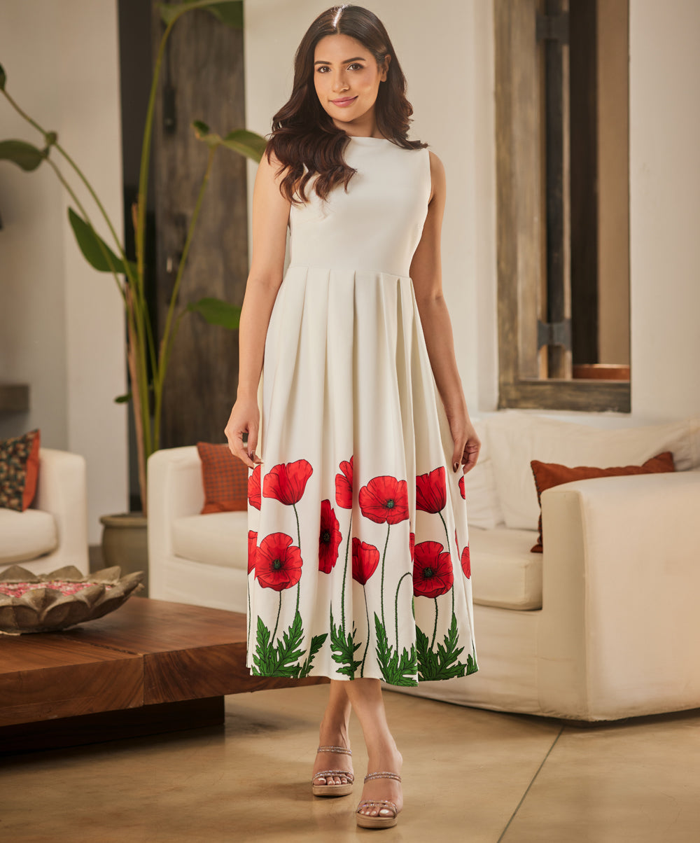 Pleated Tulip Print Midi Dress