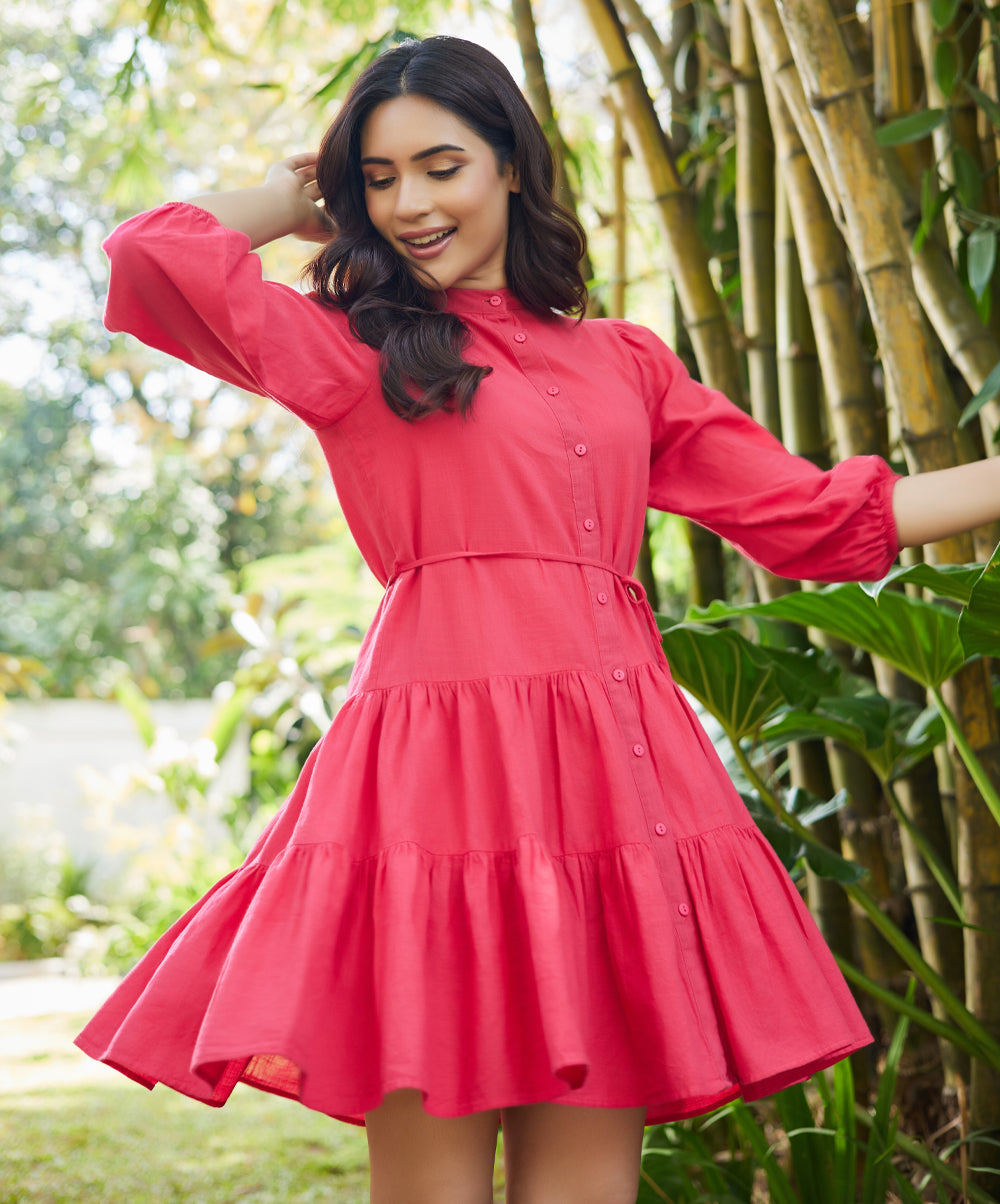 Mini Puffed Sleeve Red Cotton Dress