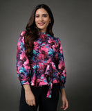 Floral Peplum Top With Puffed Sleeve