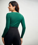 Long Sleeve Round Neck Rib Top- Dark Green