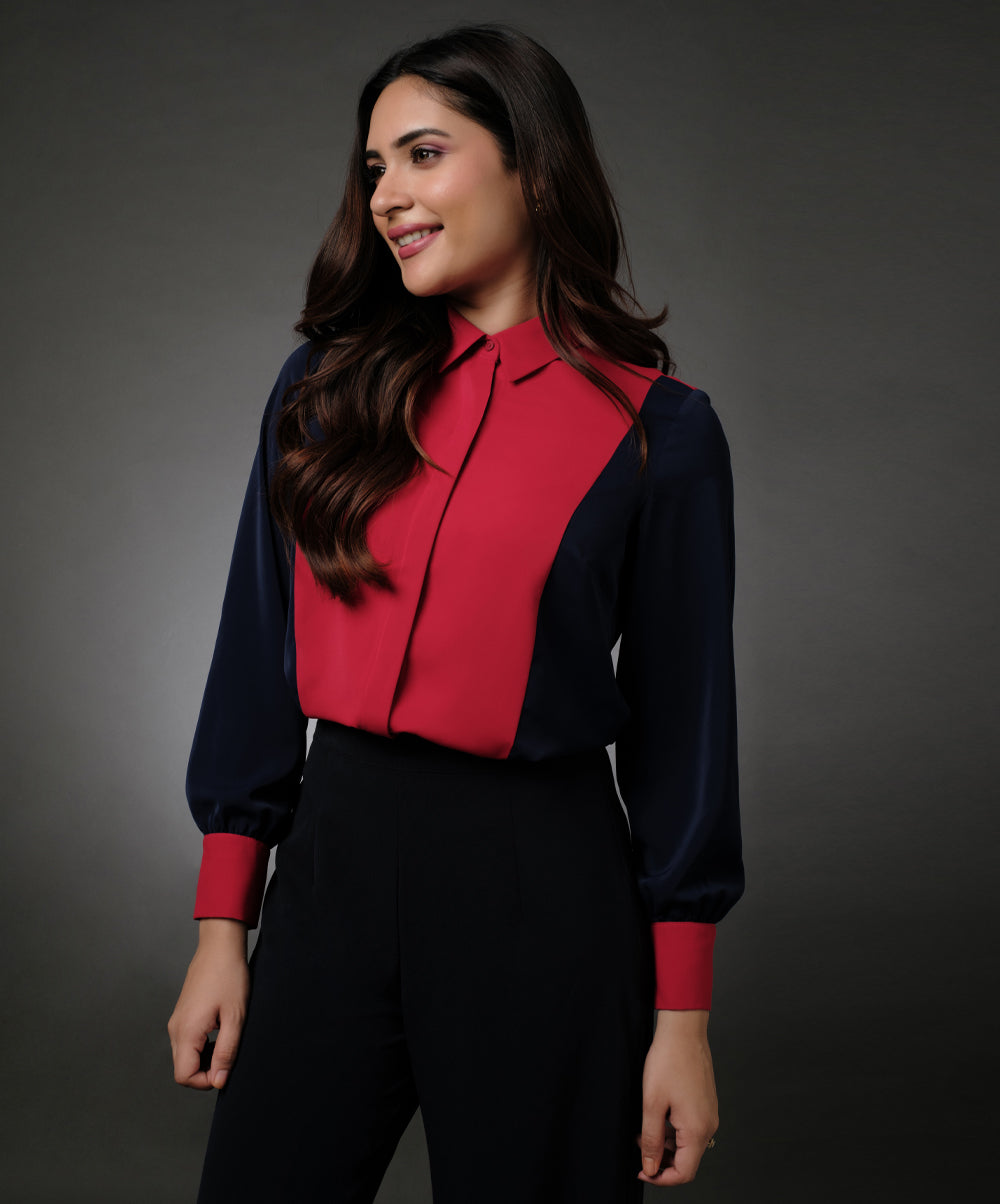 Blue And Red Contrast Paneled Shirt