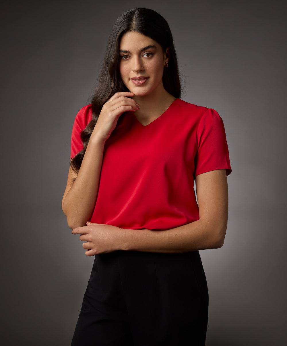 Vneck Short Sleeve Chiffon Top-Red