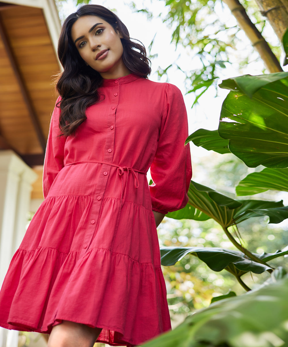 Mini Puffed Sleeve Red Cotton Dress