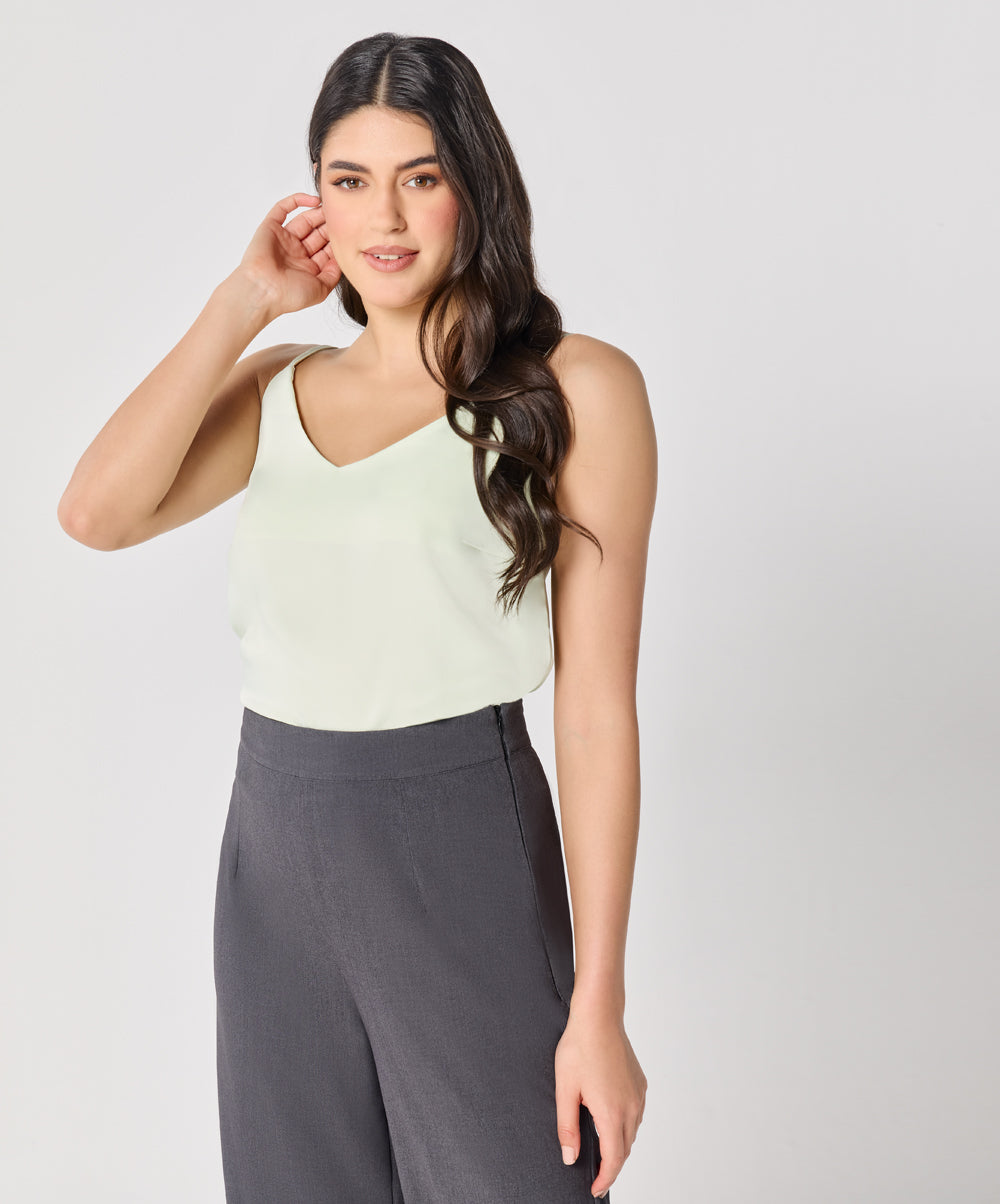 Vneck Satin Cami Top With The Straps-Green