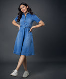 Classic Collared Denim Dress With A Belt