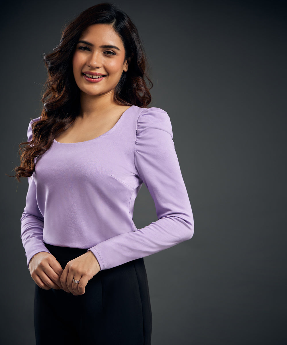 Long Puff Sleeve Purple Ponte Top