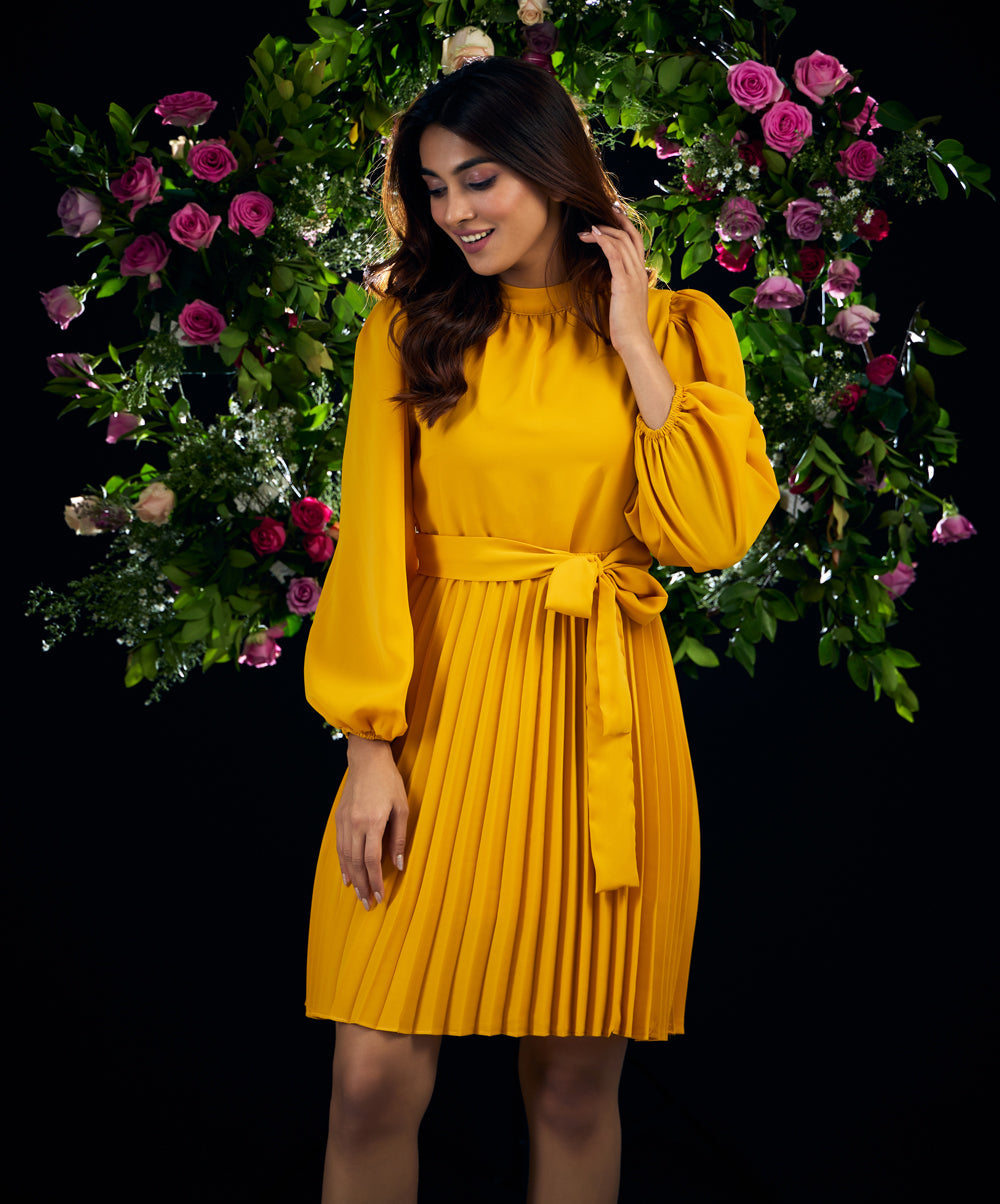 Waist Tie Yellow Pleated Dress