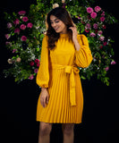 Waist Tie Yellow Pleated Dress