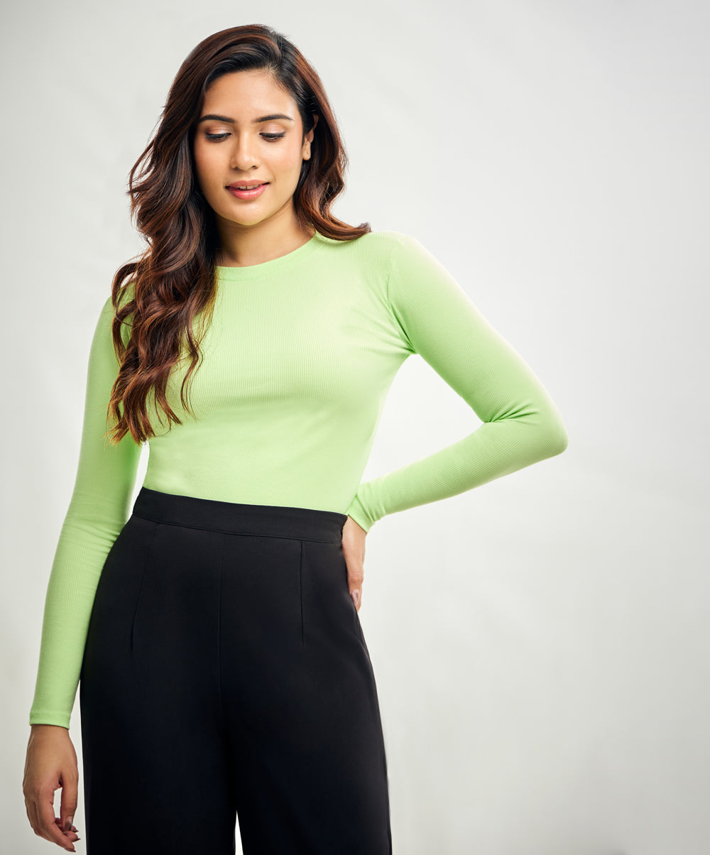 Long Sleeve Round Neck Rib Top- Electric Green