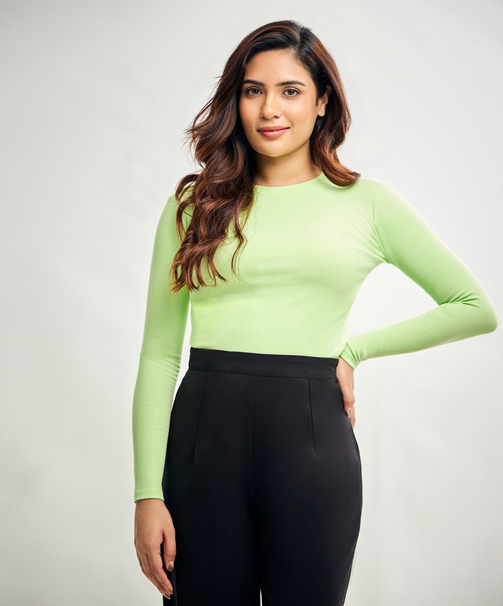 Long Sleeve Round Neck Rib Top- Electric Green