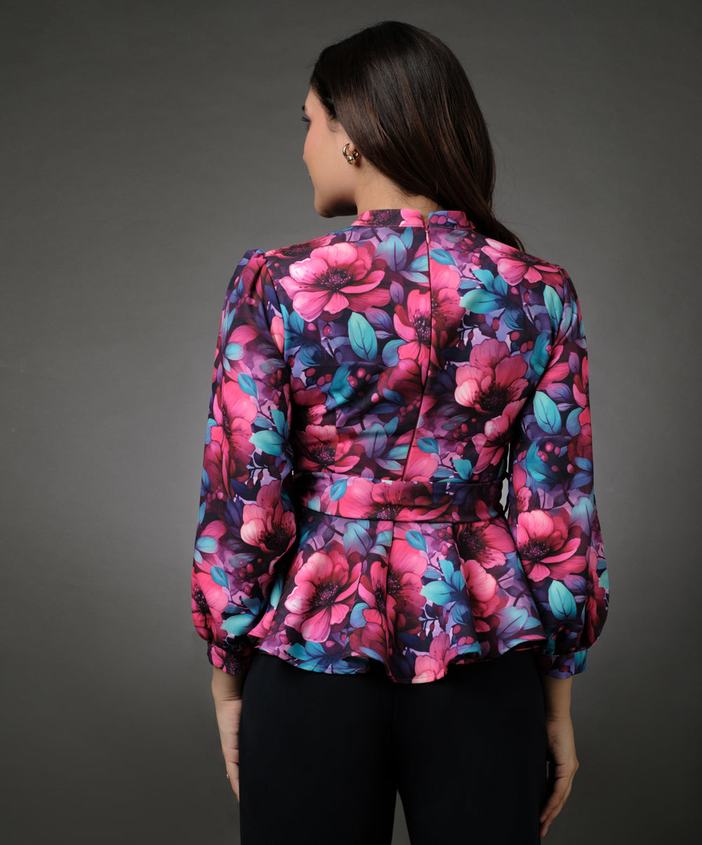 Floral Peplum Top With Puffed Sleeve