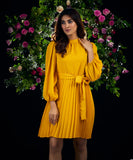 Waist Tie Yellow Pleated Dress