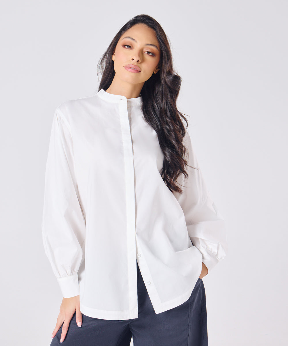 Mandarin  Collar Cotton Oversized Shirt- Offwhite