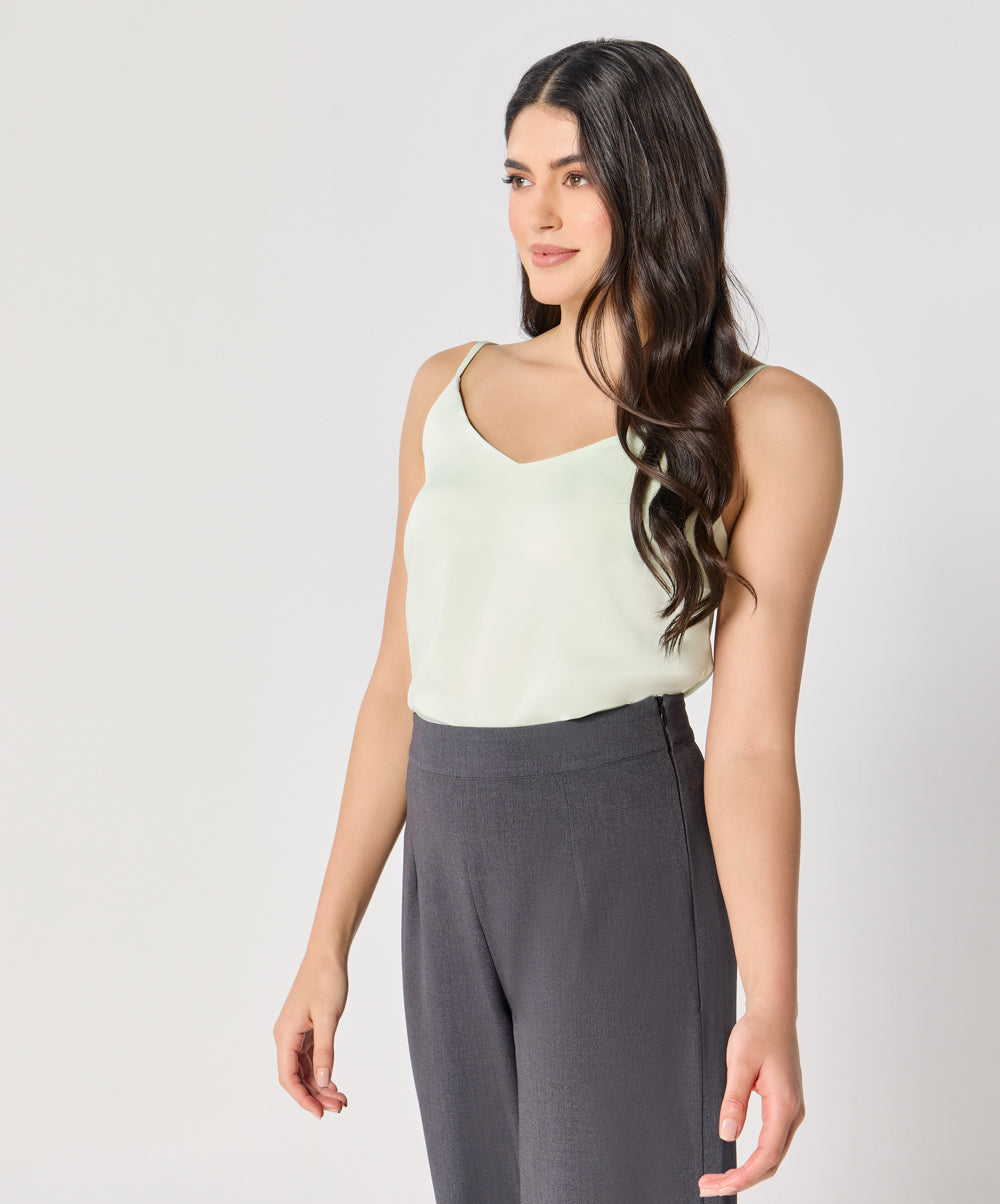 Vneck Satin Cami Top With The Straps-Green