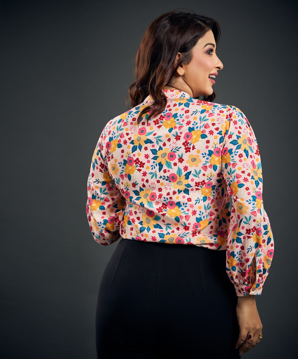 Puffed Sleeve Printed Top With Buttons