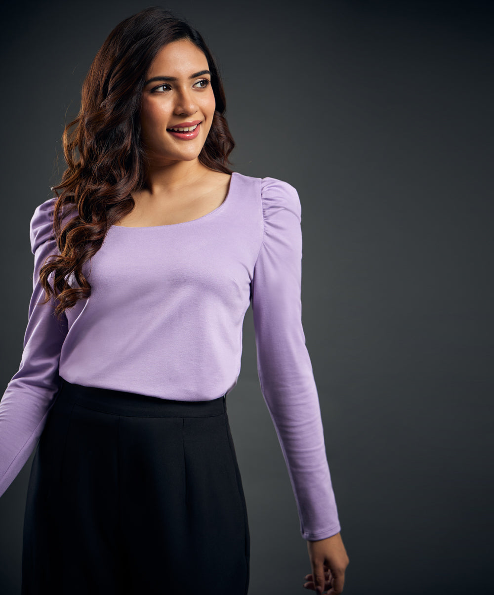 Long Puff Sleeve Purple Ponte Top