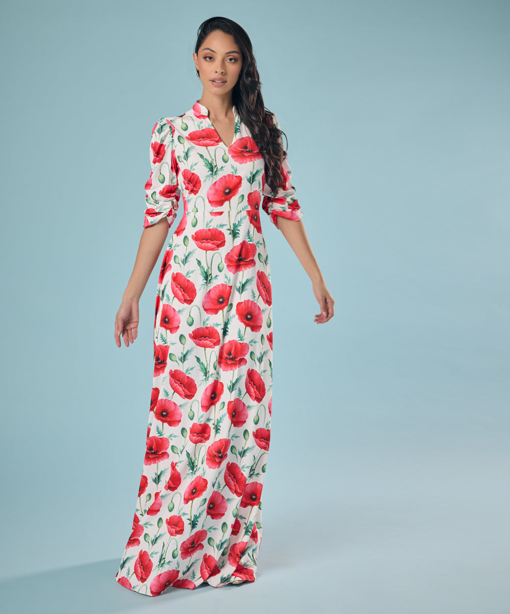 Vneck Tulip Printed Chiffon Maxi Dress