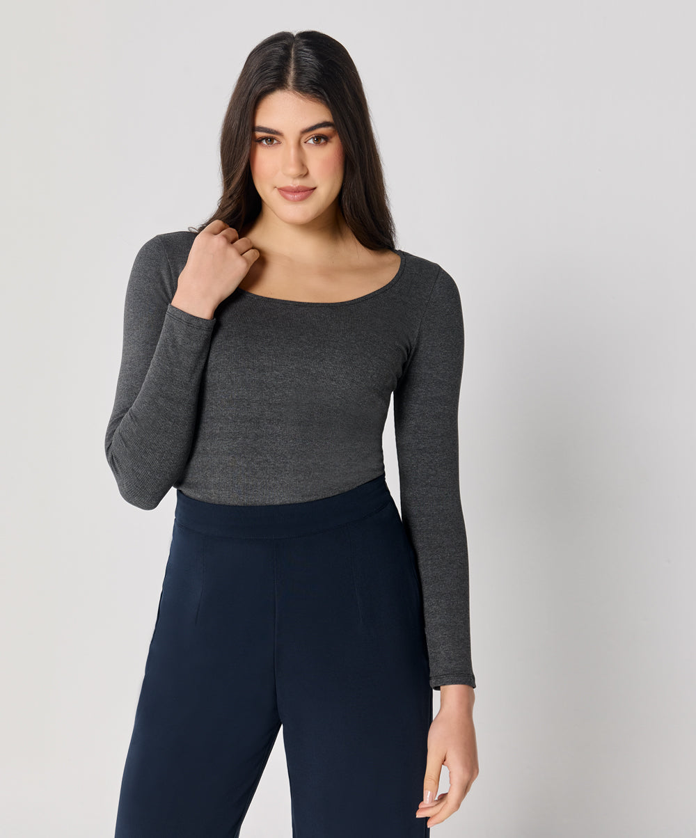 Long Sleeve Dark Grey Rib Top