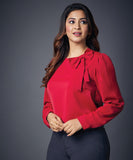 Neck Bow Solid Chiffon Long Sleeve Red Top