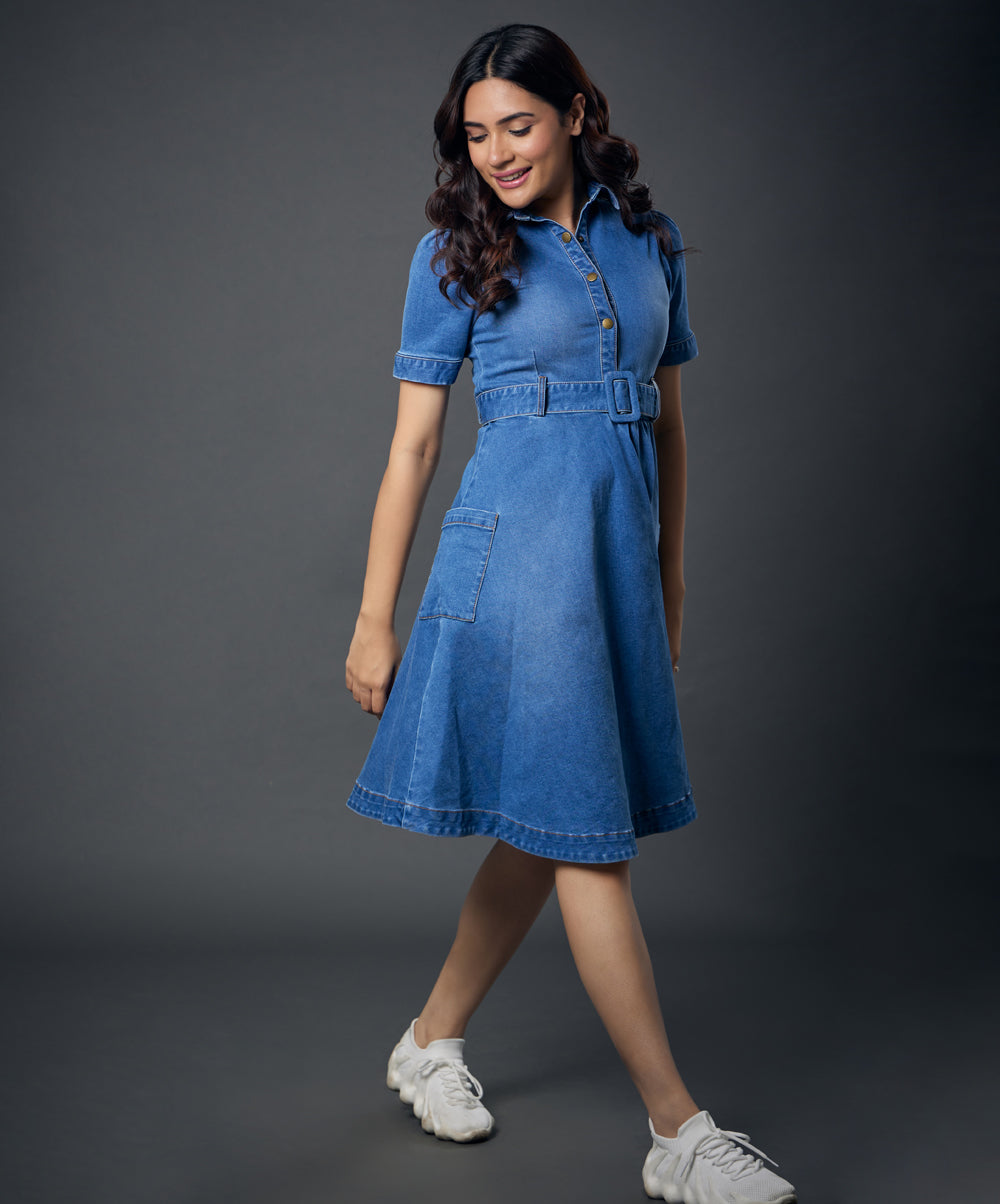 Classic Collared Denim Dress With A Belt