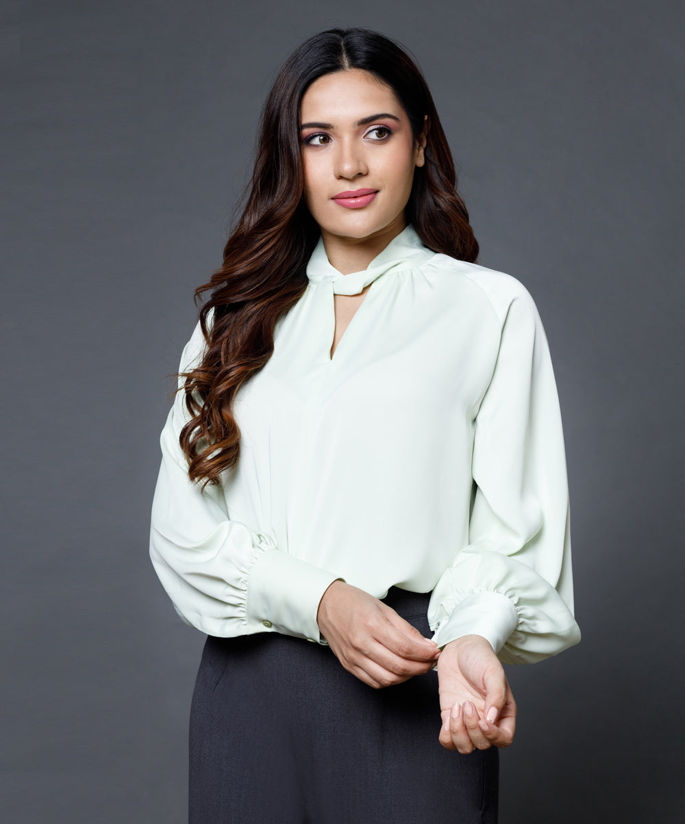 Twist Collar Long Sleeve Satin Top