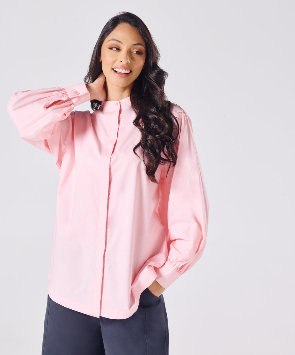 Mandarin  Collar Cotton Oversized Shirt- Baby Pink