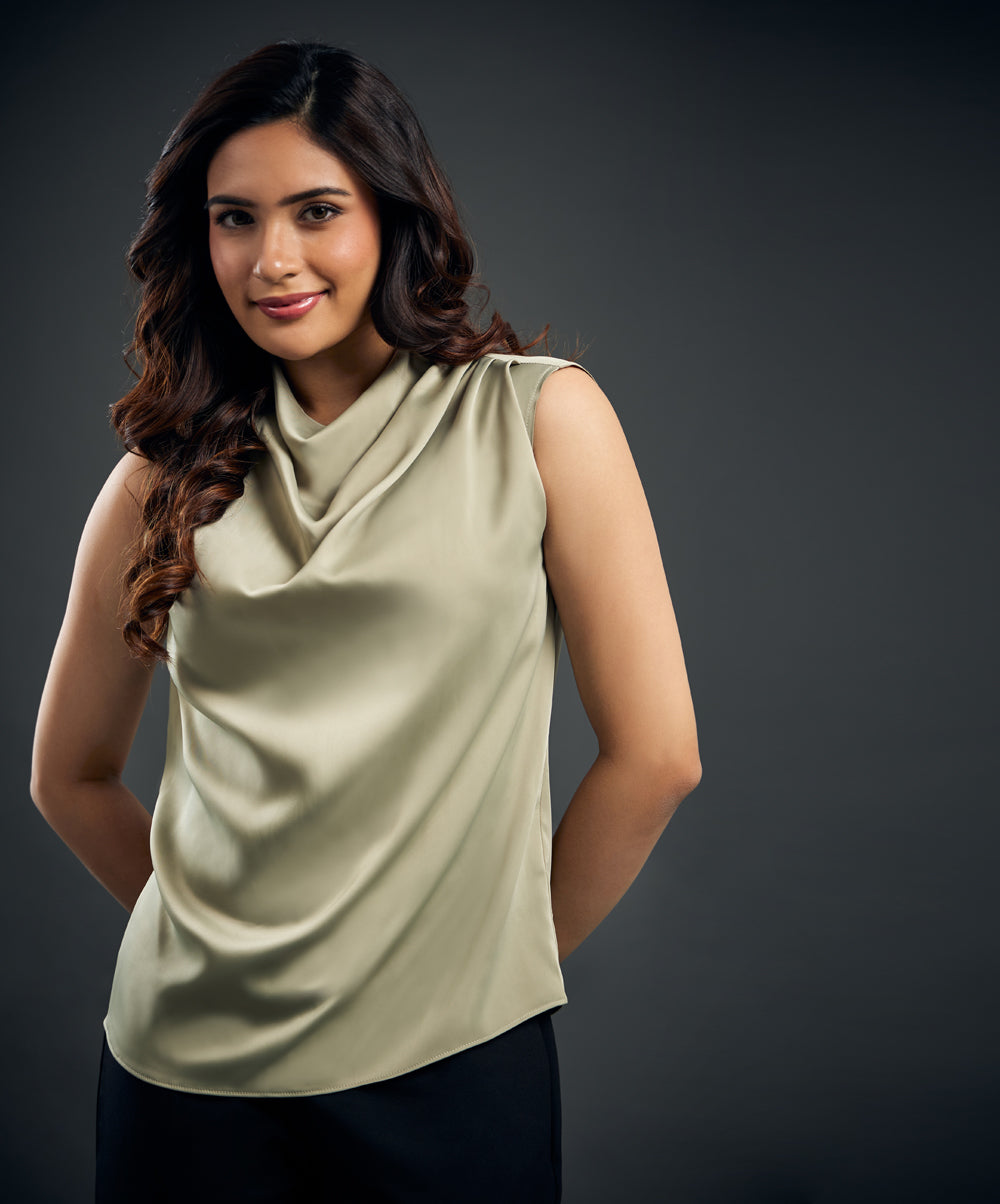 Solid Color Pleated Sleeveless Satin Top