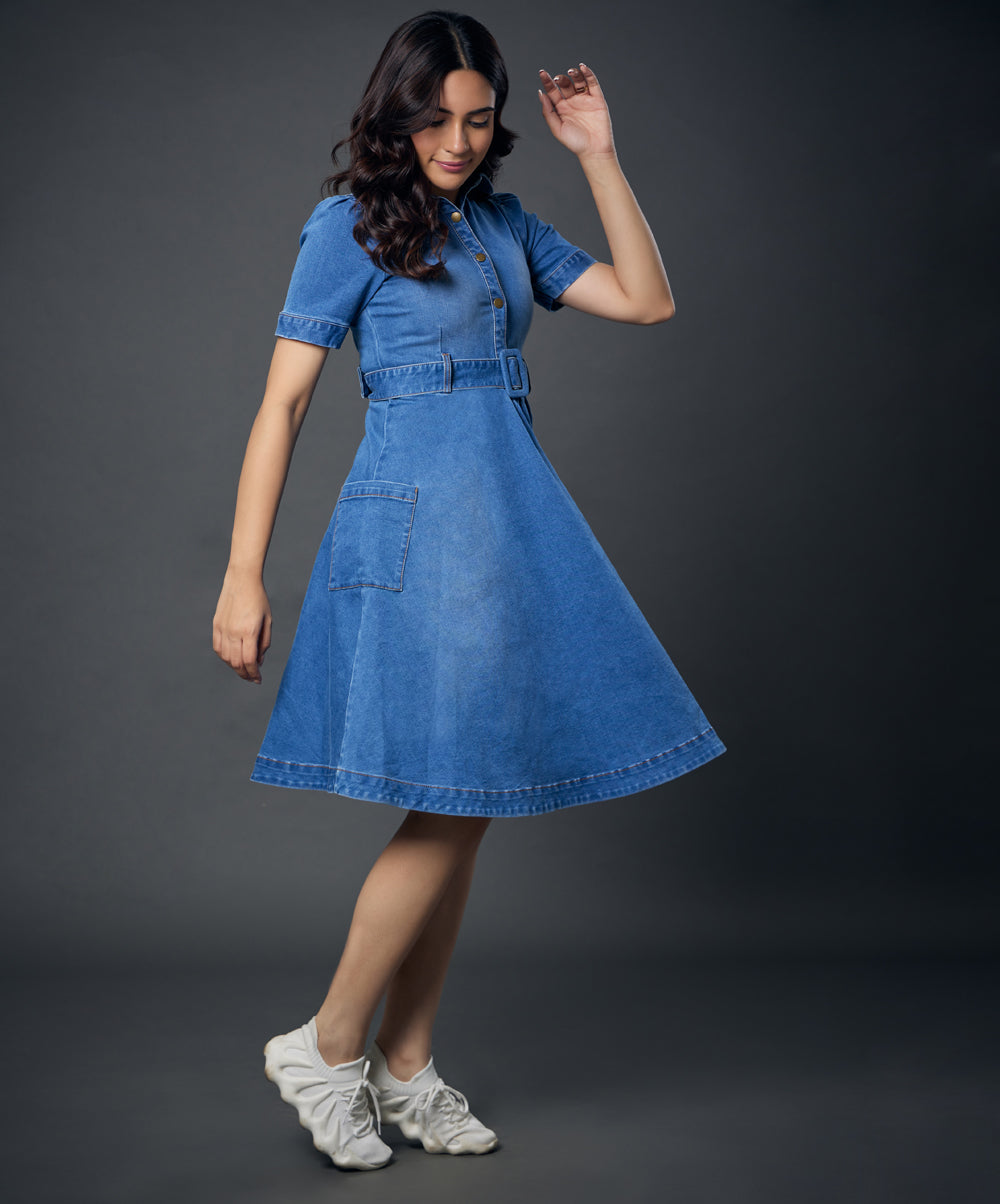 Classic Collared Denim Dress With A Belt