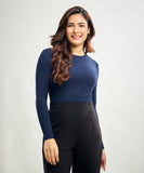 Long Sleeve Round Neck Rib Top- Navy Blue