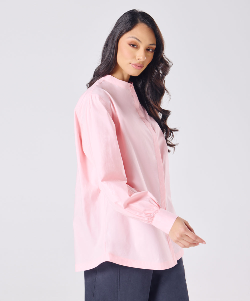 Mandarin  Collar Cotton Oversized Shirt- Baby Pink