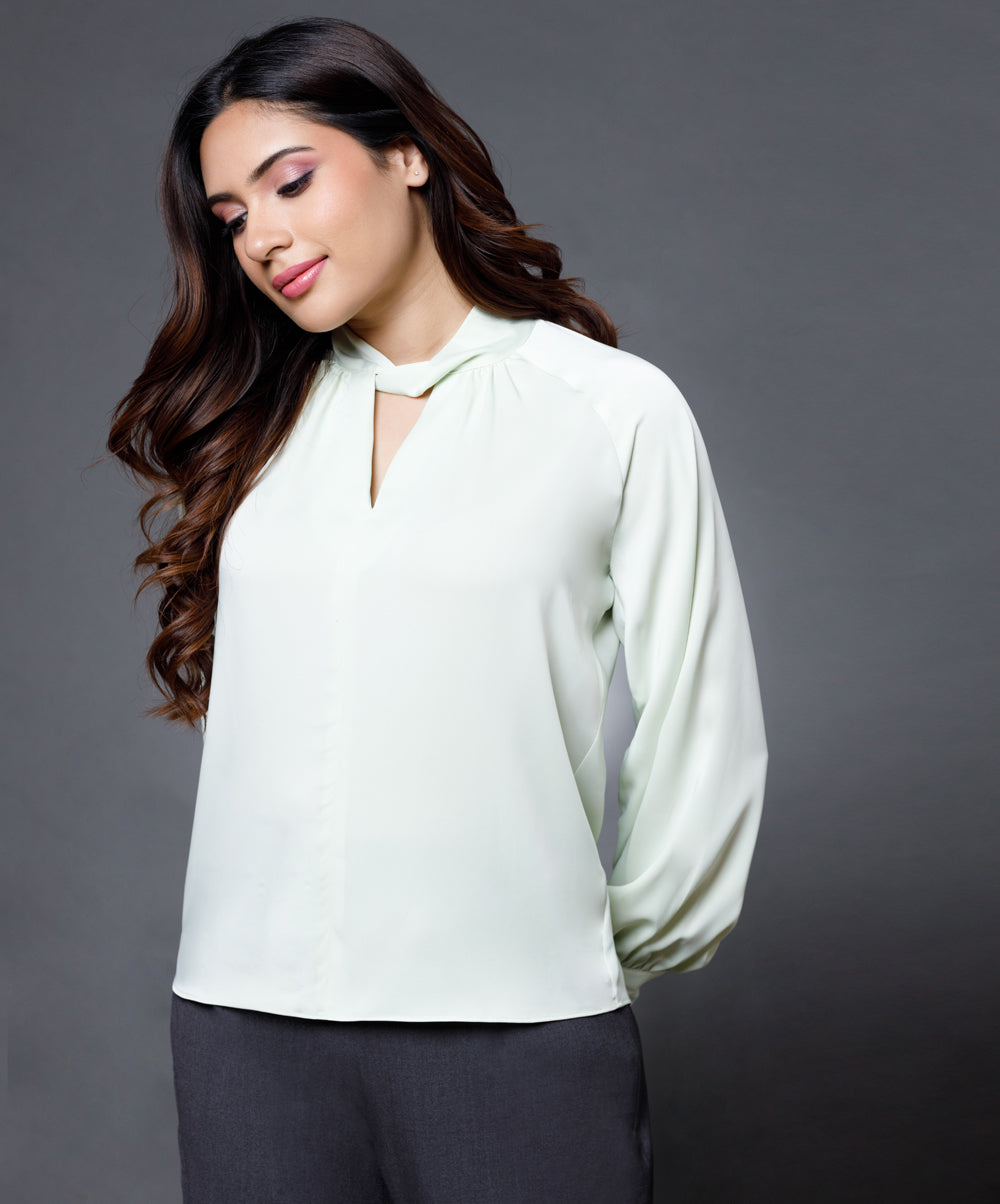 Twist Collar Long Sleeve Satin Top