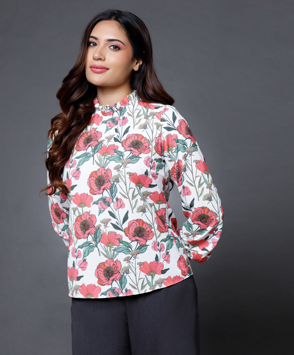 Long Sleeve Satin Printed Formal Top