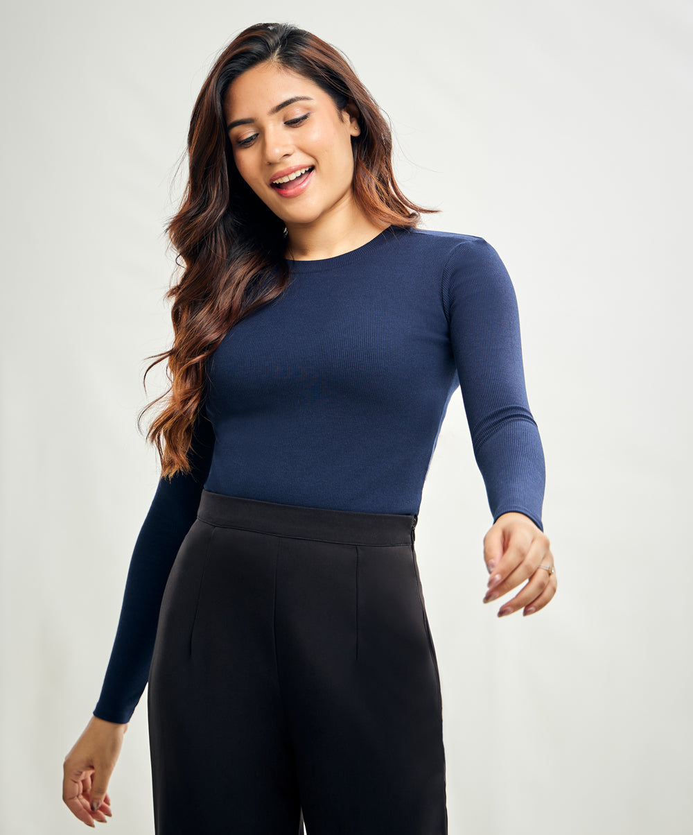 Long Sleeve Round Neck Rib Top- Navy Blue