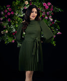 Waist Tie Green Pleated Dress