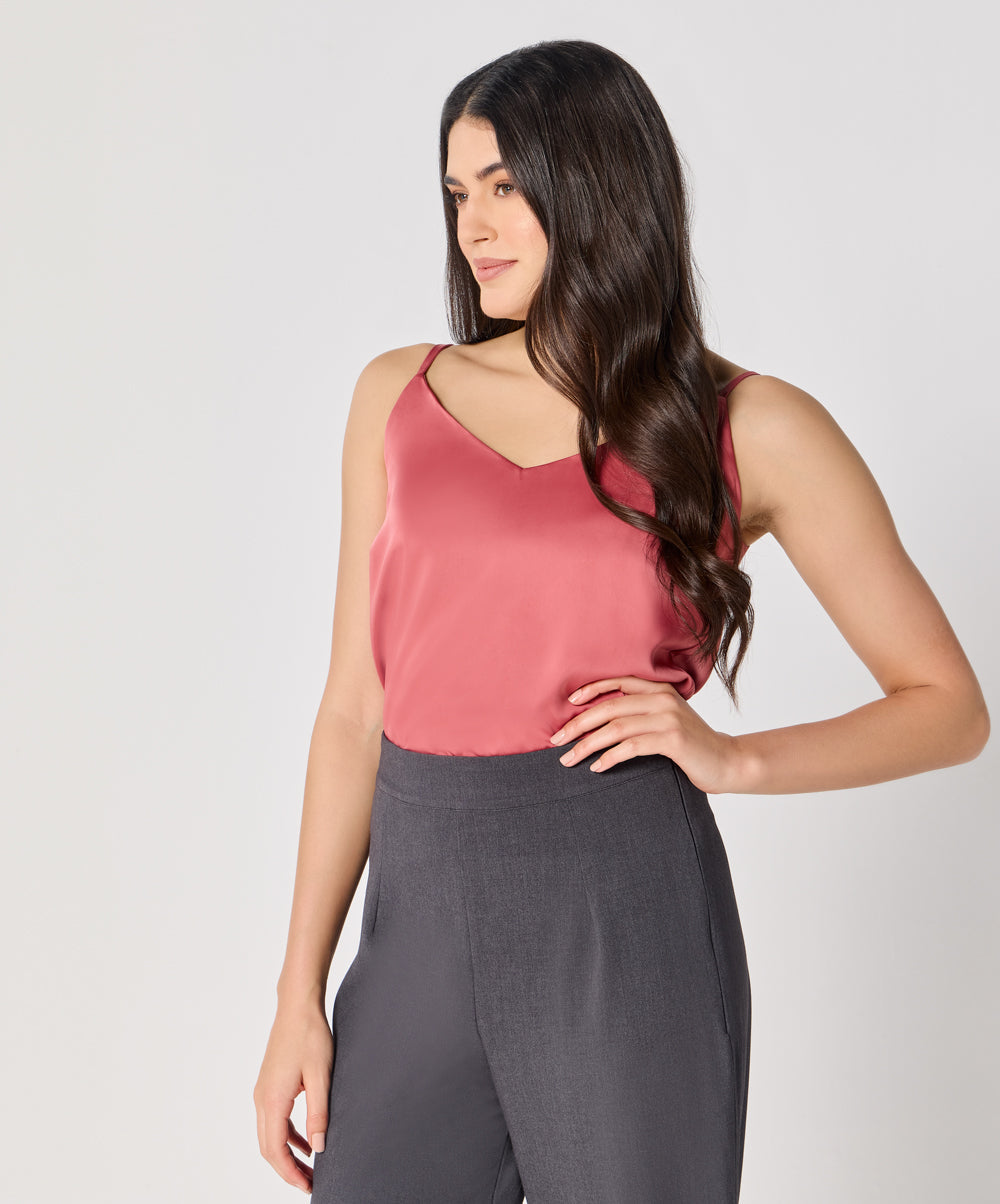 Vneck Satin Cami Top With The Straps-Pink