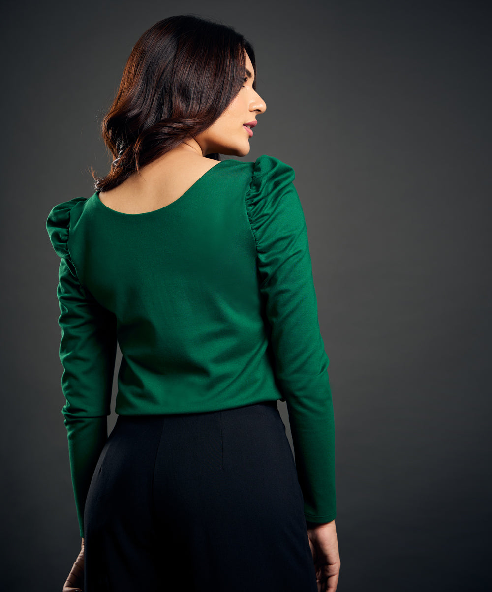 Long Sleeve Scoop Neck Green Top