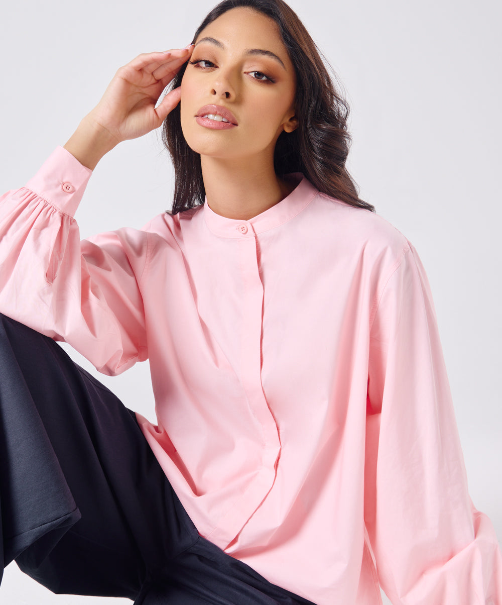 Mandarin  Collar Cotton Oversized Shirt- Baby Pink