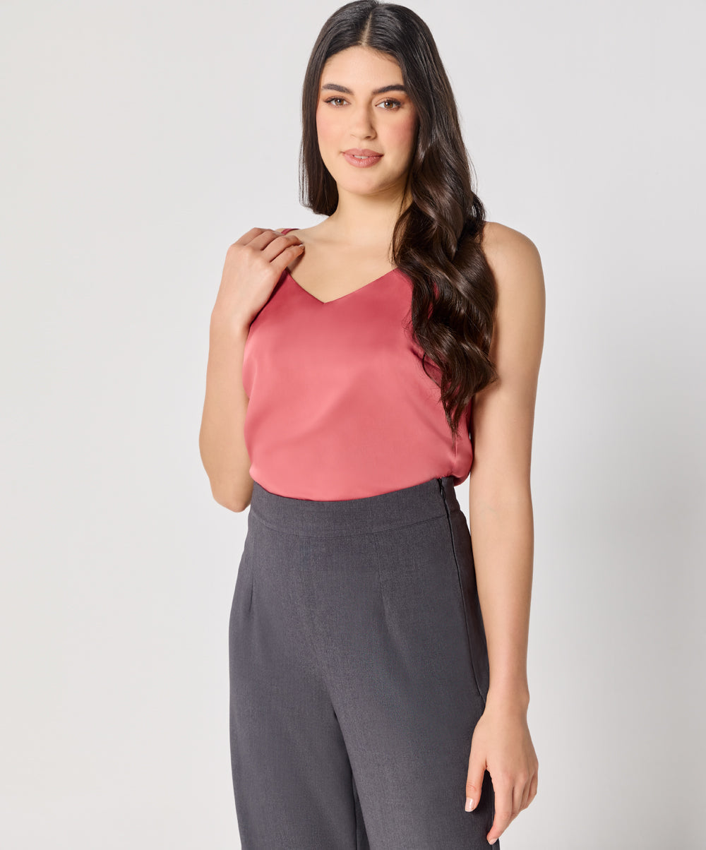 Vneck Satin Cami Top With The Straps-Pink