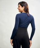 Long Sleeve Round Neck Rib Top- Navy Blue